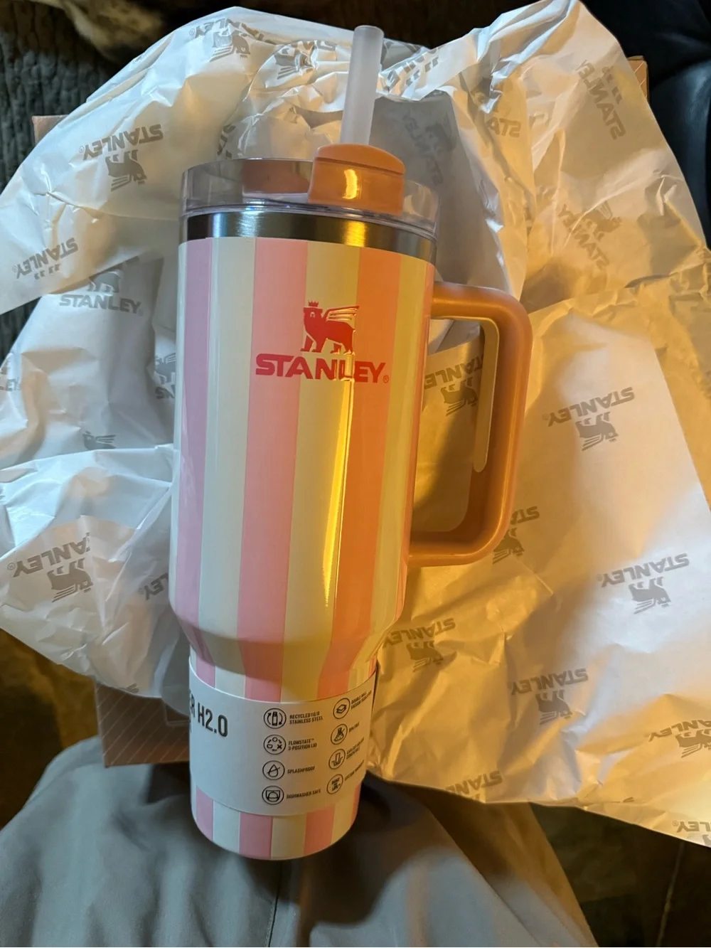 Stanley Pink and Cream Striped Insulated Tumbler with Handle and Straw